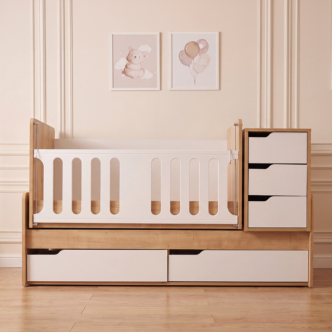 Royal bedroom set by BabyOne featuring elegant furniture, a cozy bed, and stylish decor for a luxurious nursery ambiance.