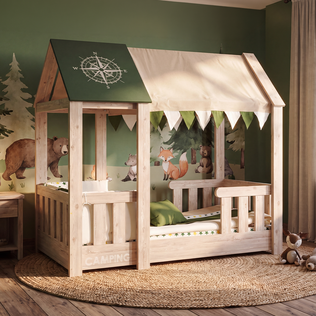 BabyOne Montessori camp bed for children up to 18 years, shown with sleek wooden frame and mattress in a nursery setting.