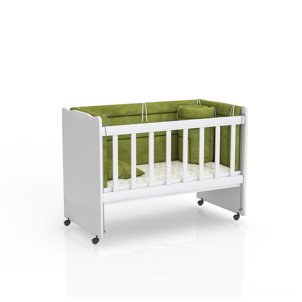 White Niro crib for children up to 3 years old, BabyOne brand, shown in the image with a sturdy wooden frame and safety rails.