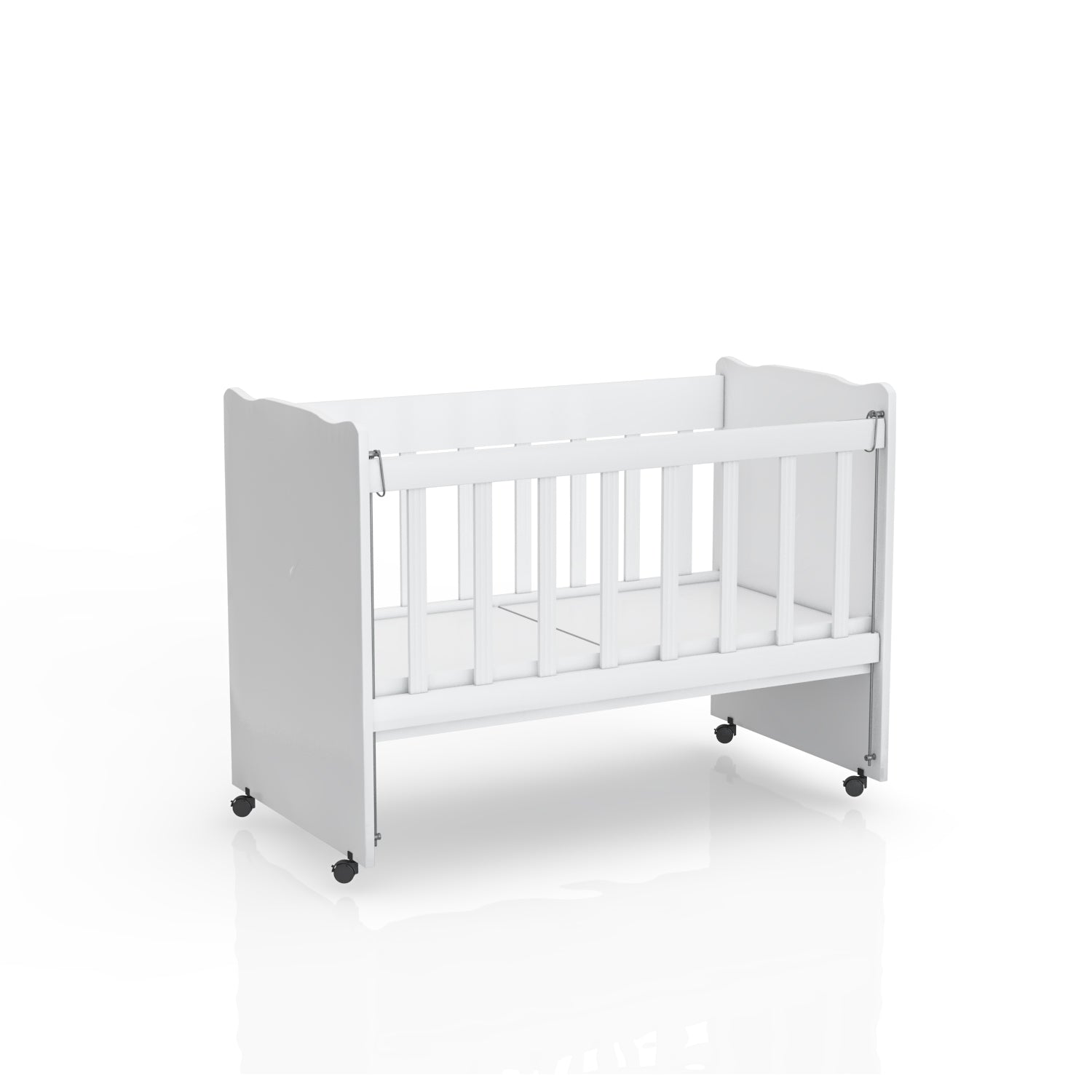 White Niro crib for children up to 3 years old, BabyOne brand, shown with safety rails and a cozy mattress inside.