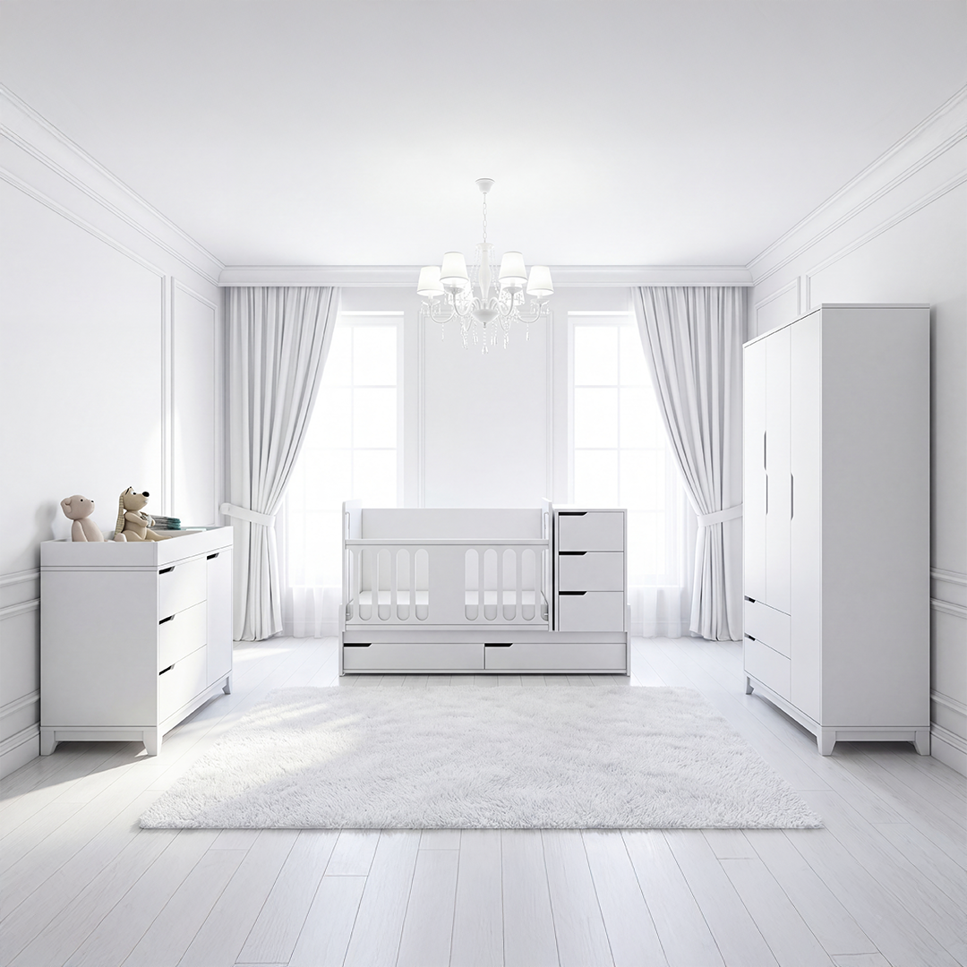 Elegant BabyOne غرفة سراي الملكية with detailed decorative patterns and soft pastel colors for a luxurious nursery setting.
