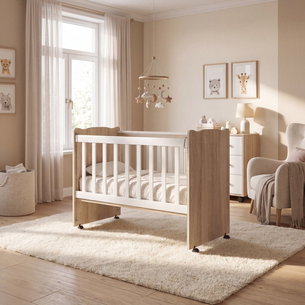 BabyOne wooden crib for children up to 3 years old, featuring a sturdy design and natural wood finish.