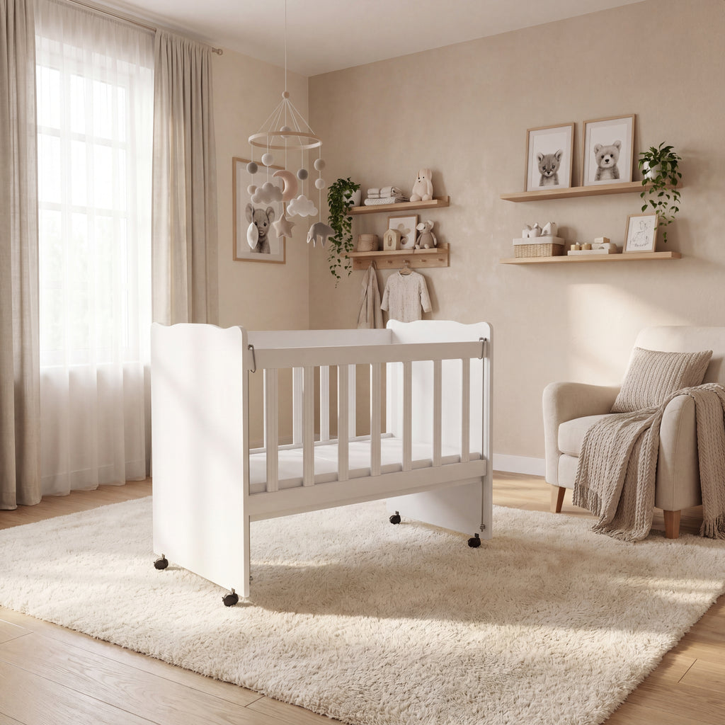 White BabyOne Nurio crib suitable for children up to 3 years old, with a sturdy frame and safety rails.