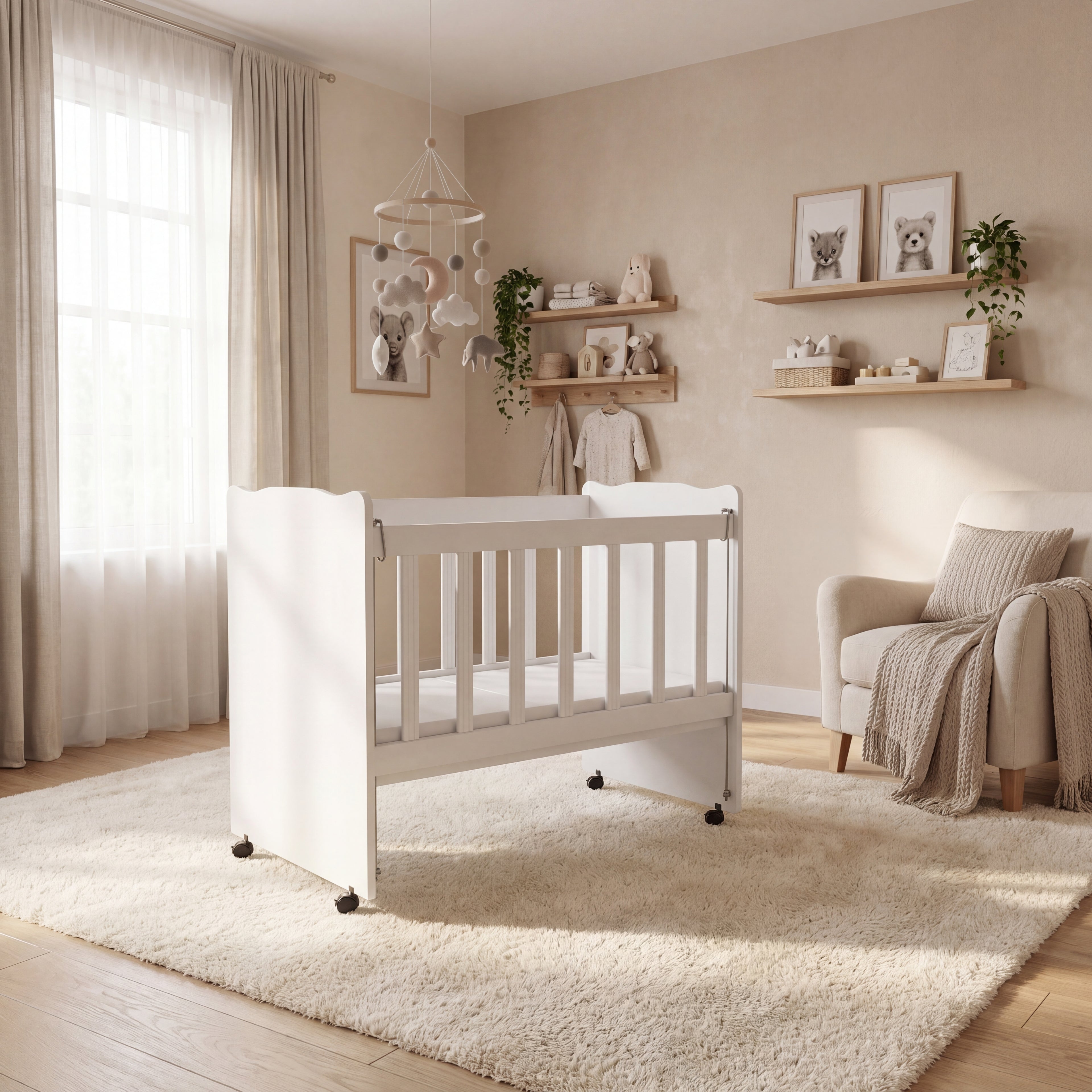 White BabyOne Nurio crib suitable for children up to 3 years old, with a sturdy frame and safety rails.
