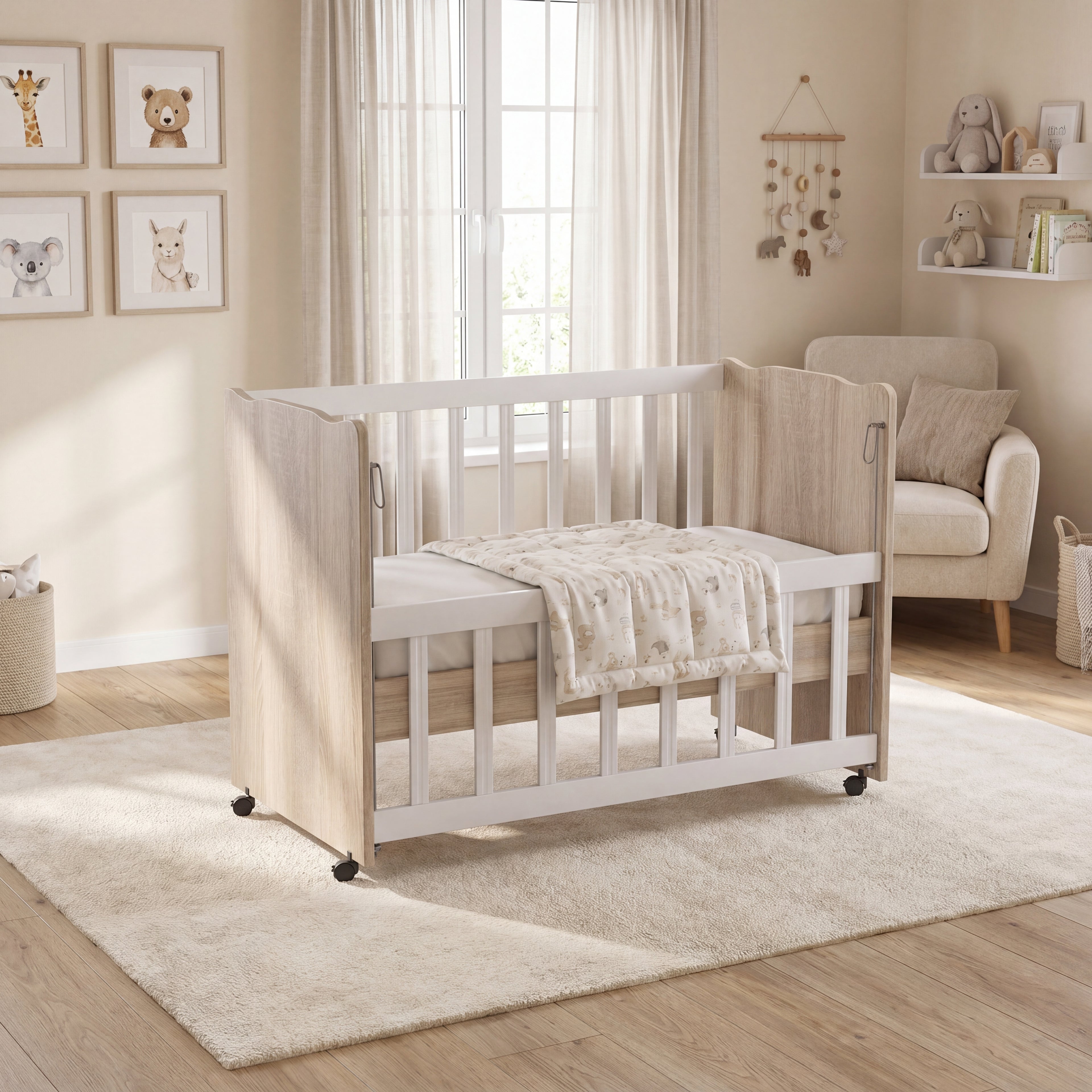 BabyOne wooden Niero crib for children up to 3 years old, sturdy design with safety rails and natural wood finish.