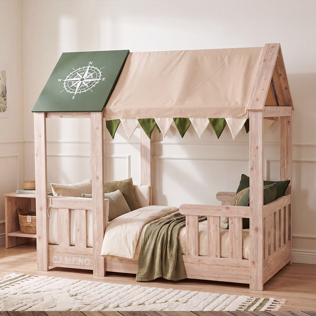 BabyOne Montessori camp bed for children up to 18 years, featuring a sturdy wooden frame and safety rails for versatile use.
