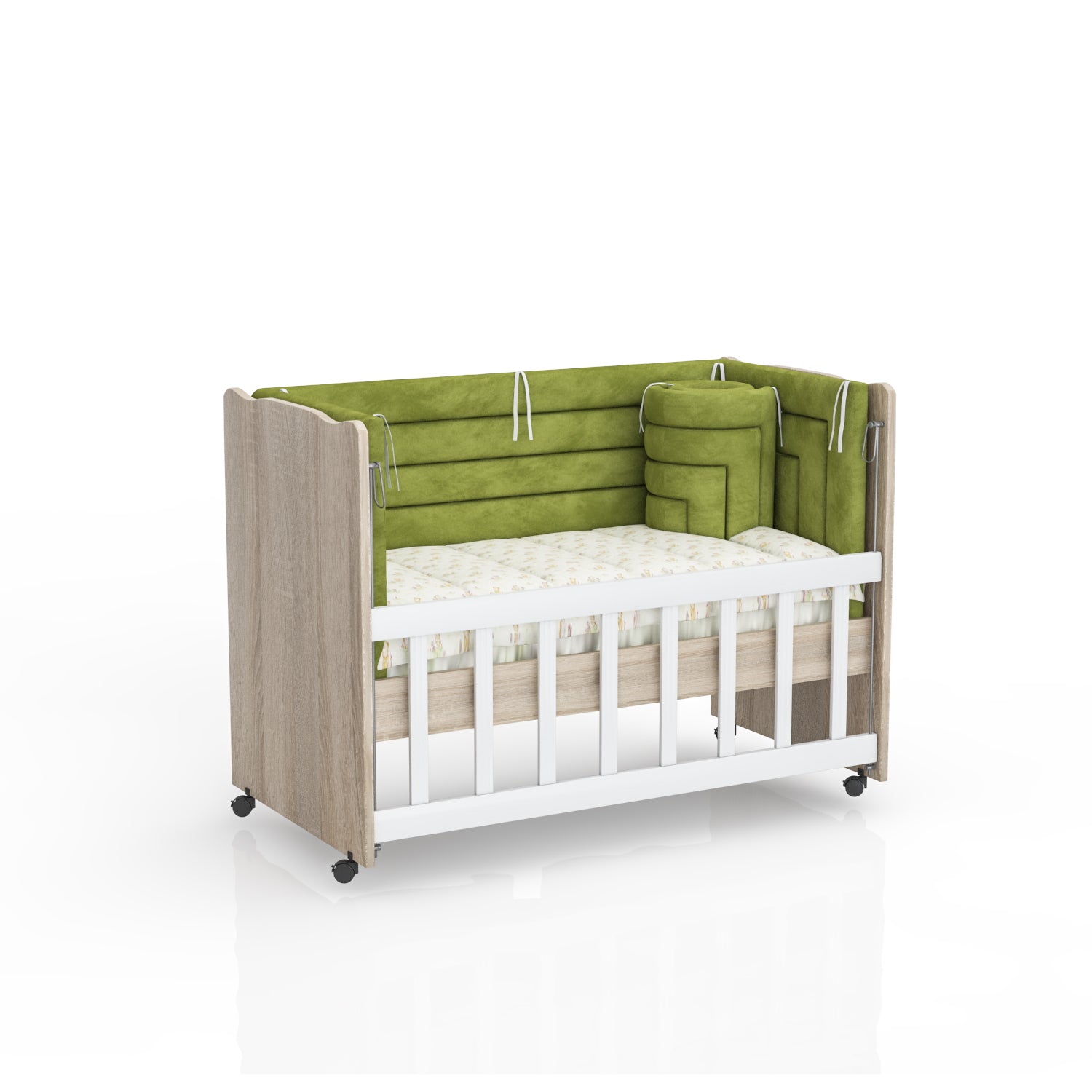 BabyOne wooden Niero crib for children up to 3 years, shown in a soft salmon color with a sturdy design and natural wood finish.