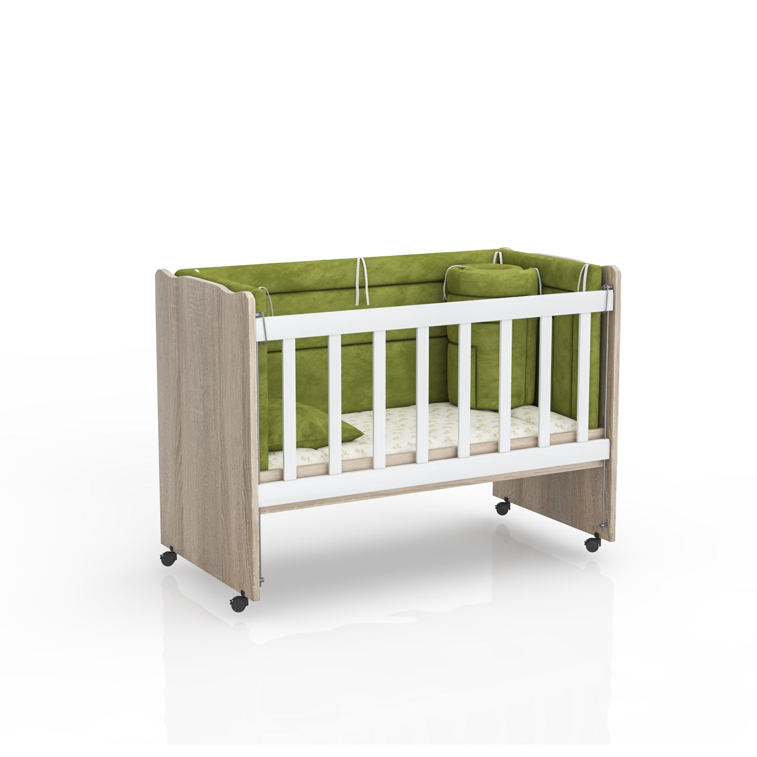 BabyOne wooden Niero crib for children up to 3 years old, shown in a cozy nursery setting with soft bedding and wooden frame.